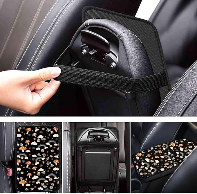 UNICEU Mushroom Rainbow Print Car Center Console Armrest Cushion Pad Auto Interior Decor Accessories Neoprene Armrest Box Protector Cover