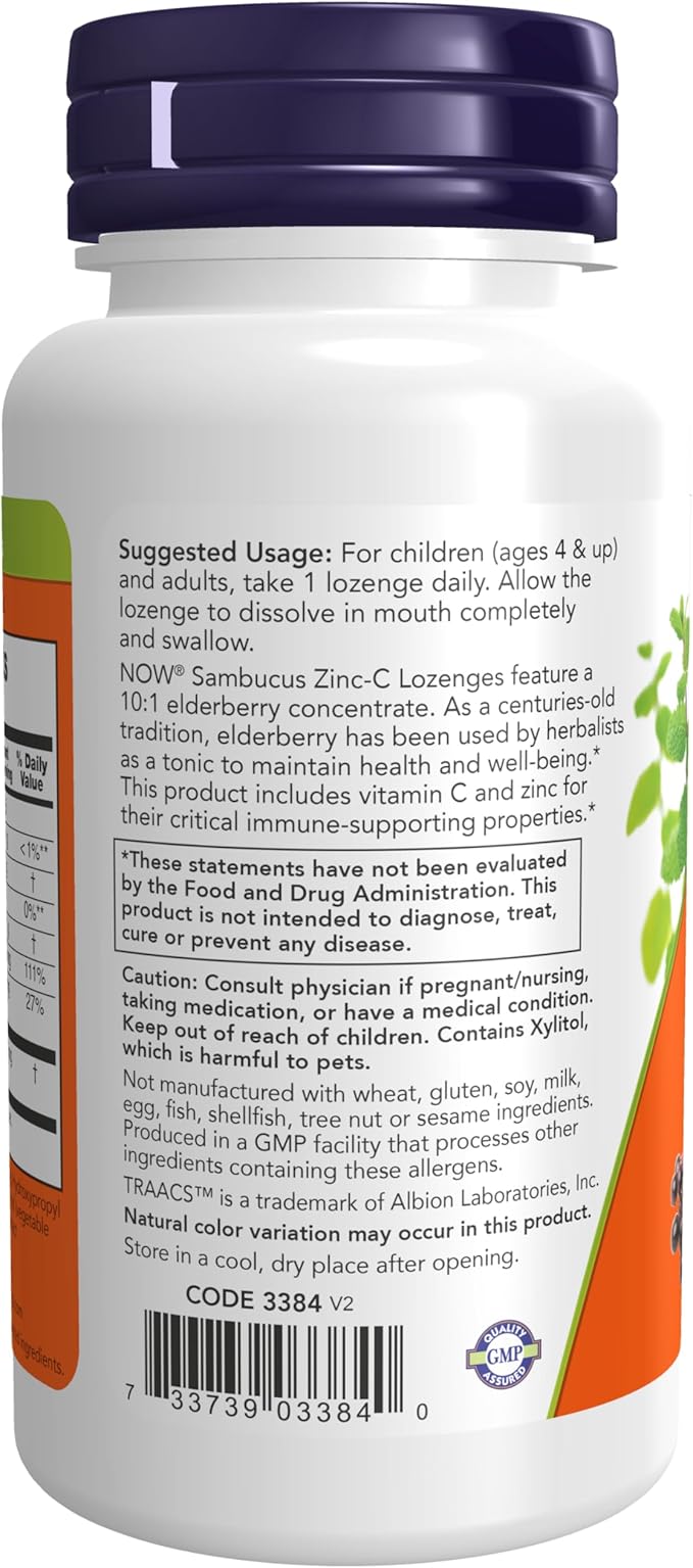 NOW Foods Supplements, Sambucus Zinc-C with Elderberry Concentrate and Vitamin C, 60 Lozenges