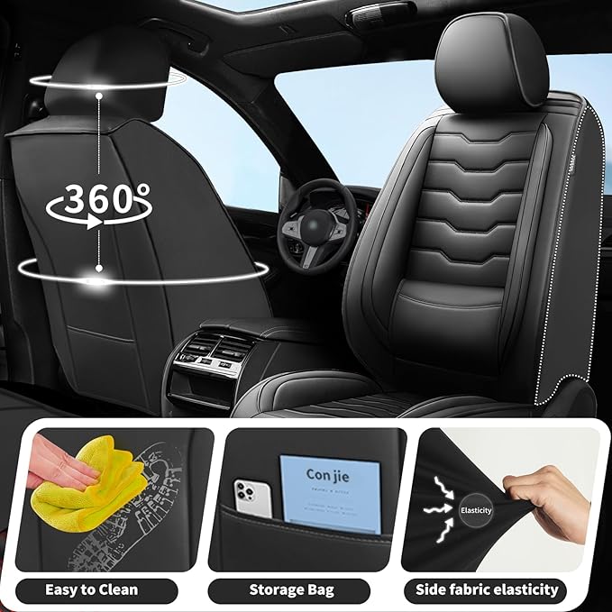 Fit Leaf Car Seat Covers Compatible with Nissan Leaf 2012-2025 2026 - Premium Leather， Waterproof Breathable， All-Weather Seat Cushion Protecto&Airbag Compatible (2 Front Seat Black)