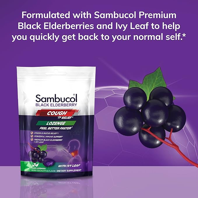 Sambucol Black Elderberry Cough Relief Lozenges - Cough Drops for Adults, Sambucus Elderberry Lozenges, with Ivy Leaf, Cough & Mucus Relief, Immune Support, Berry Eucalyptus - 24 Count, 1 Pack