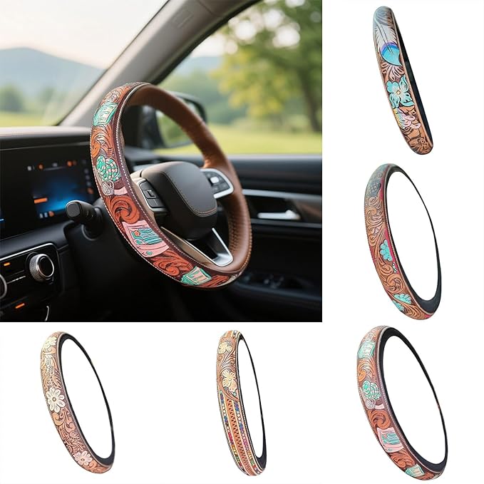 Retro Western Cowboy Car Universal Steering Wheel Cover, Embossed Handcrafted Tooled Leather Western,Anti Slip, Auto Interiors Accessories,Breathable for Trucks SUVs Cars (E)