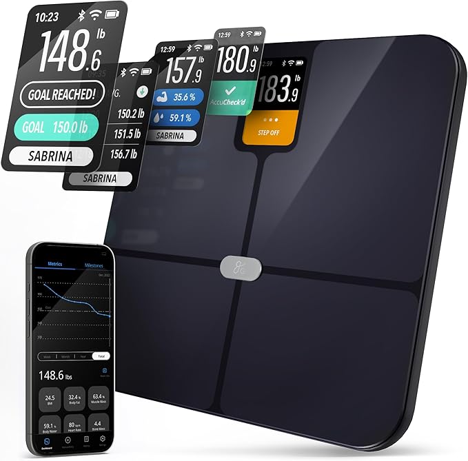 Greater Goods Smart Weight Scale – Digital Bathroom Scale with BMI, Body Fat & Muscle Mass, Bluetooth and Wi-Fi Sync with Weight Gurus App, Large Display, 440lb Capacity