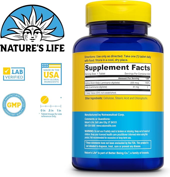 Nature’s Life Icelandic Kelp 41 mg Tablets - Iodine Supplement and Thyroid Support - Gluten Free, Non-GMO Green Superfood - 60-Day Guarantee - 500 Servings, 500 Tablets