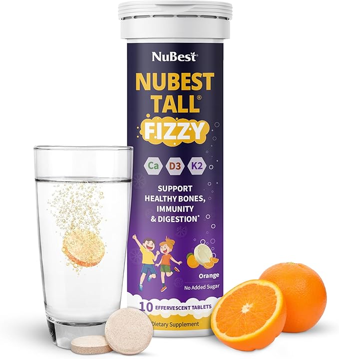 NuBest Tall Fizzy - Bone Strength, Immunity, Digestive Health for Kids & Teens | Probiotic, Calcium, Magnesium from Red Marine Algae, Vitamin D3, K2 & Zinc | 20 Orange Effervescent Tablets - Ages 4+