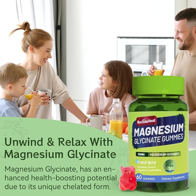 Magnesium Glycinate Gummies 500mg with L-Threonine 300mg - Sugar-Free Magnesium Potassium Supplement with Vitamin D, B6, CoQ10 - Strawberry Flavored - 60 Gummies