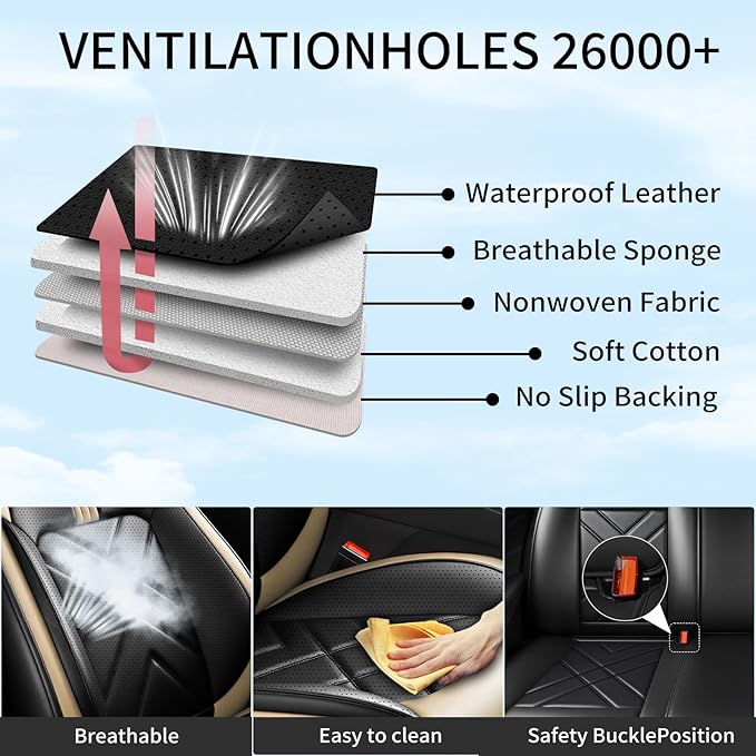 Car Seat Covers Compatible with Mazda 6 2007-2021, Full Coverage Premium Leather Waterproof Breathable Seat Covers, Automotive Seat Protectors, Airbag Compatible(2 Front Seats, Black Beige)