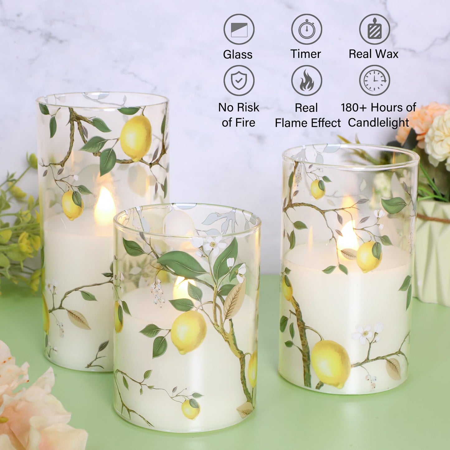 Flameless LED Candles with Remote Lemon Decal Glass Flickering Battery Operated Candles for Home Room Party Wedding Holiday Summer Decor - Set of 3