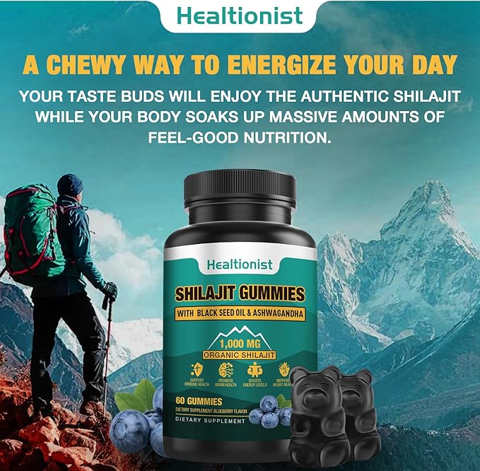 2 Packs 1000 MG Shilajit Supplement Gummies with 85+ Trace Minerals, Fulvic Acid, Pure Organic Shilajit Himalayan Gummy for Men & Women, Energy, Brain, Immunity Suport - 120 Counts