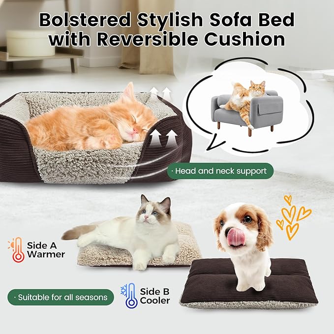 Miguel Washable Dog Bed with Removable Cushion for Small Dogs, Easy to Wash Pet Sofa Bed with Side, Rectangle Bolster Cat Bed Calming Cuddle Puppy Bed with Anti-Slip Bottom, Dark Brown 20 Inch