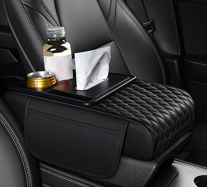 Car Armrest Center Console Cover for Ford Explorer 2000–2025, Center Console Pad with Cup Holder, Multifunctional Armrest Cushion,B Black