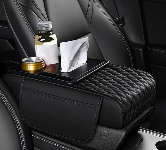 Car Armrest Center Console Cover for Ford Explorer 2000–2025, Center Console Pad with Cup Holder, Multifunctional Armrest Cushion,B Black