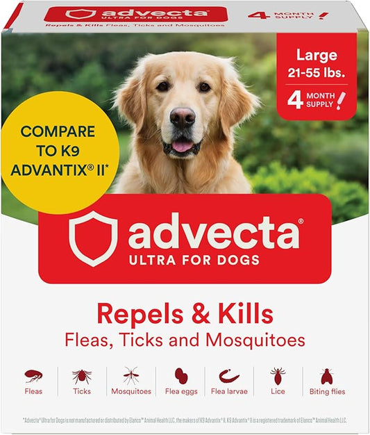 Ultra Flea And Tick Prevention For Dogs - Dog and Puppy Treatment and Control - Mosquito Repellent - Large, Fast Acting Waterproof Topical Drops, 4 Month Supply