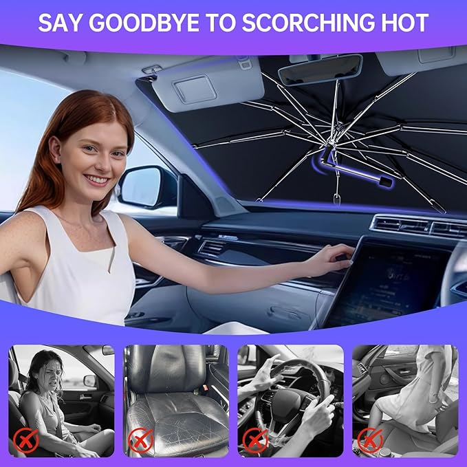 [2026 Upgraded] Windshield Sun Shade Umbrella, Foldable Car Sunshade for Trucks & SUVs with UV Protection, Heat Insulation & Automotive Interior Sun Protection for Outdoor Parking Camping (X-Large)