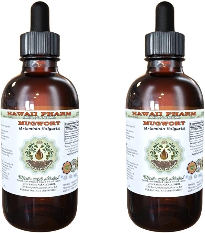 Mugwort Alcohol-Free Liquid Extract, Organic Mugwort (Artemisia vulgaris) Dried Flower Glycerite Natural Herbal Supplement, Hawaii Pharm, USAt 2x2 oz