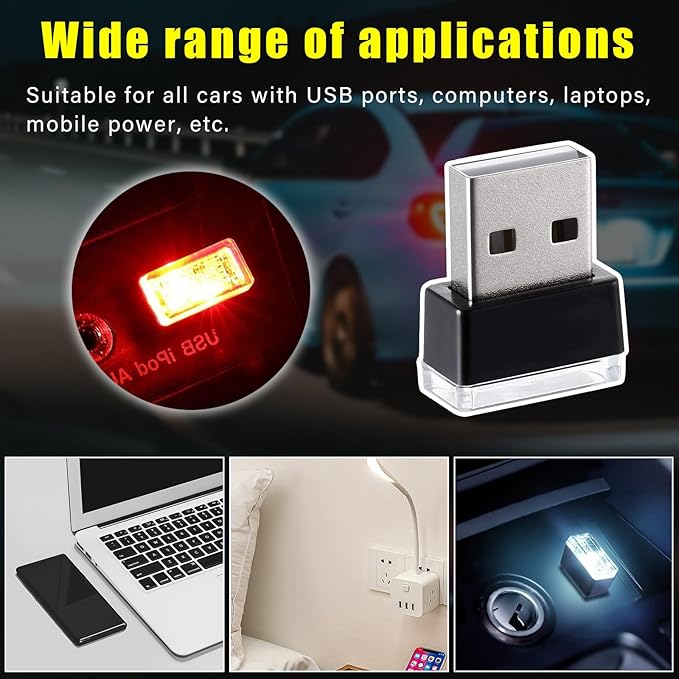 Augeny 4 PCS USB LED Car Interior Atmosphere Lamp, Plug-in USB Decor Night Light, Portable Auto Ambient Lighting Kit, Universal Vehicle Interior Accessories for Most Cars (White+Red+Blue+Ice Blue)