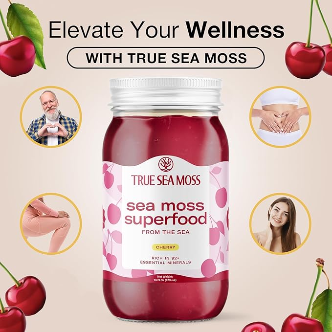 TrueSeaMoss Sea Moss Gel – Made in USA – Wildcrafted Seamoss, Fresh Fruits & Sea Vegetables – Cherry, Pack of 2 (Labels may Vary)