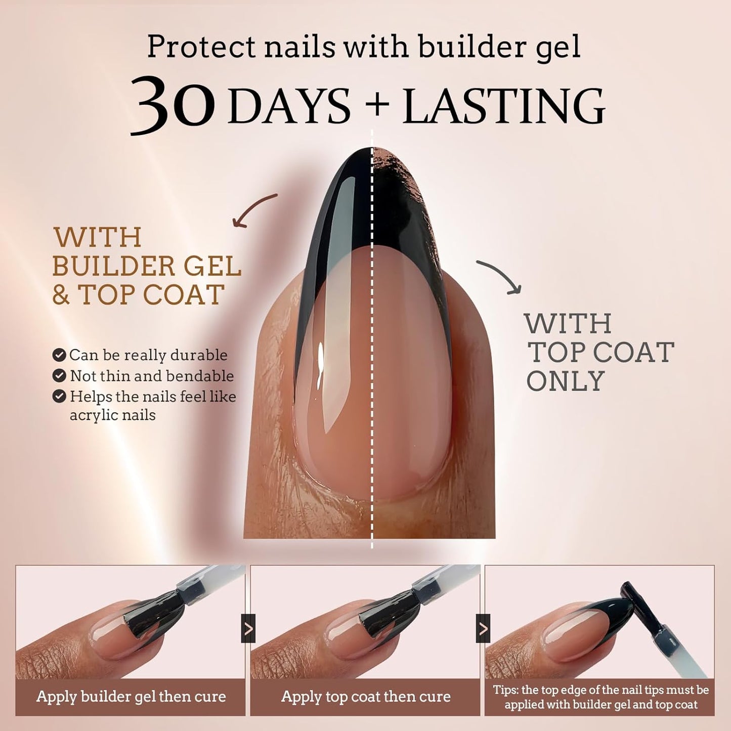 BTArtboxnails XCOATTIPS French Gel Nails - Black French Tip Press on Nails, Soft Gel Extra Short Almond Nail Tips, Press on Nails Acrylic Nail, Soak Off Fake Nails Extension