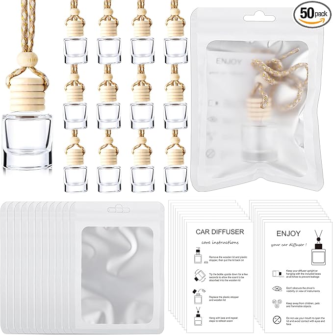 Boao 50 Sets Hanging Car Air Freshener Diffuser Bottles with Instruction Card and 4 x 6'' Resealable Holographic Bag for Empty Car Essential Oil Perfume Bottles Packaging (Cylinder)