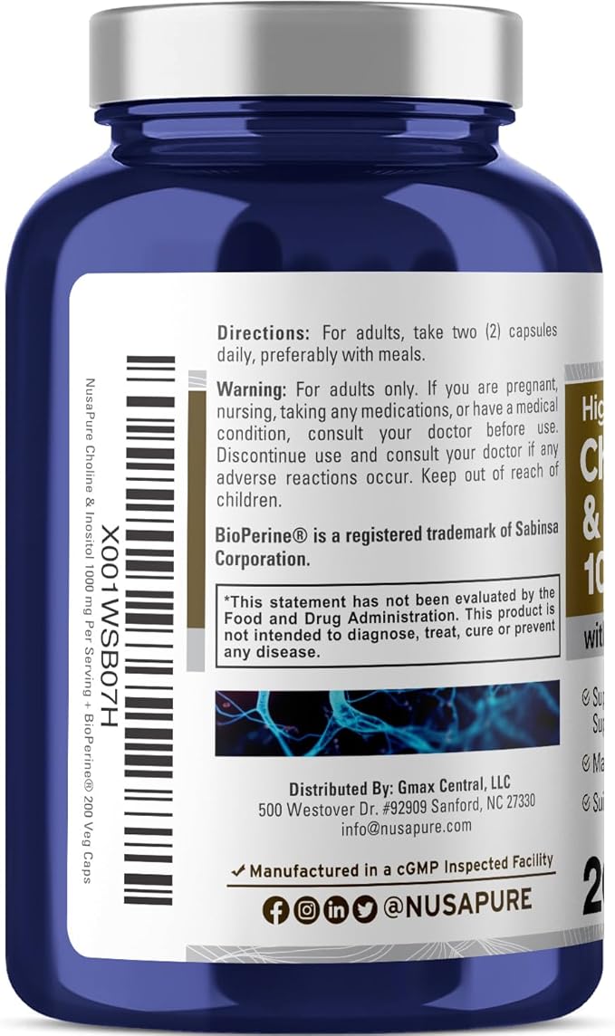 NusaPure Choline & Inositol 1000mg - 200 Veggie Caps (100% Vegetarian, Non-GMO) Bioperine