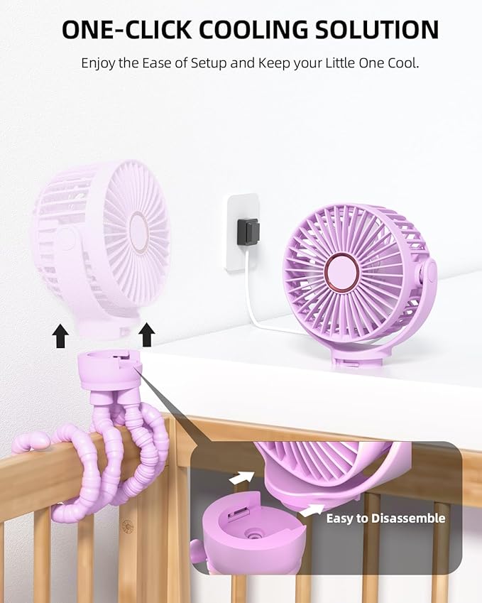 Portable Stroller Mini Fan, Small Rechargeable Personal Cooler w/ 360° Rotation, 3-Speed, Battery Powered Stroller Accessories, Baby Essentials for Car Seat, Crib, Bike, Treadmill, Plum