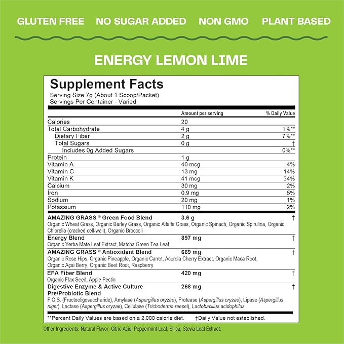 Amazing Grass Greens Blend Energy: Smoothie Mix, Super Greens Powder & Plant Based Caffeine with Matcha Green Tea & Beet Root Powder, Lemon Lime, 30 Servings (Packaging May Vary)