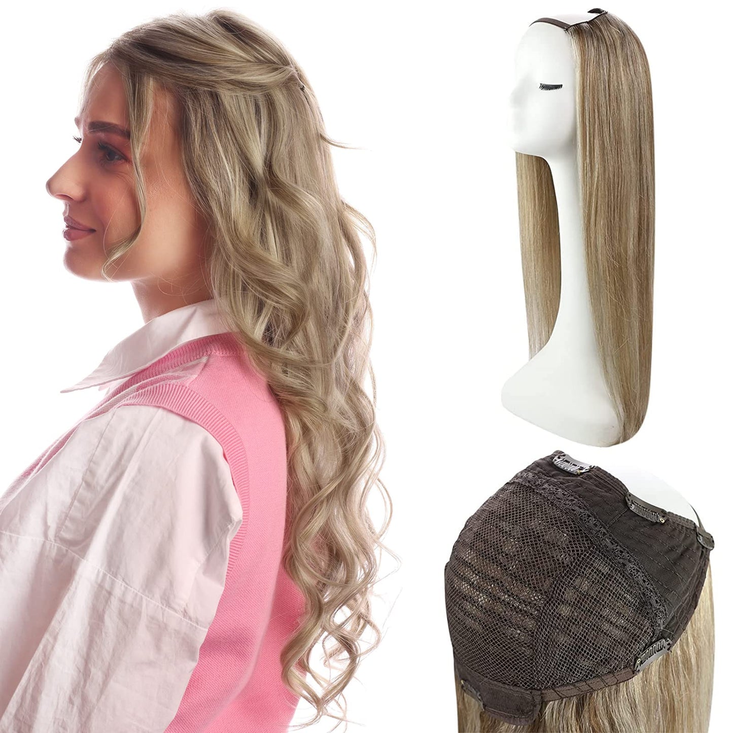 Full Shine U Wigs Human Hair U Part Natural Hair Brown Ombre To Blonde U Wig Human Hair For Women Clip In Hair Pieces 12Inch Sea