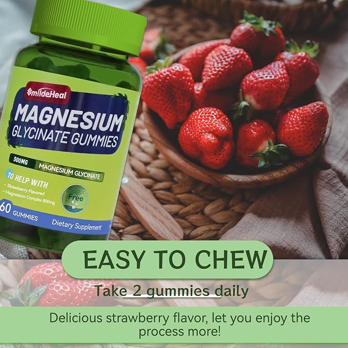 Magnesium Glycinate Gummies 500mg with L-Threonine 300mg - Sugar-Free Magnesium Potassium Supplement with Vitamin D, B6, CoQ10 - Strawberry Flavored - 60 Gummies