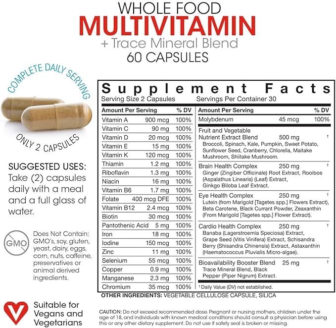 Silver Fern Whole Food Daily Multi Vitamin w/Trace Mineral Blend Supplement - 2 Bottles - 60 Vegicaps Each - 60 Day Supply - Natural, Non-GMO, Vegan, Multivitamin for Men & Women - Zero Synthetics