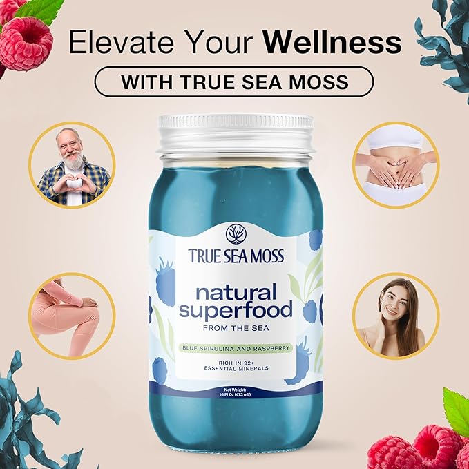 TrueSeaMoss Sea Moss Gel – Made in USA – Wildcrafted Seamoss, Fresh Fruits & Sea Vegetables – Blue Spirulina, Pack of 5 (Labels may Vary)