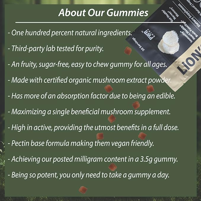 REAL Lion’s Mane Mushroom Gummies - Heart, Immunity, Inflammation, Brain Support, Vegan, Sugar-free, GF, 30 TRUE Servings, 3.7oz