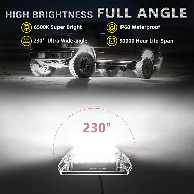 6 Pods Full Angle Pure White LED Rock Lights for Golf Cart ATV UTV RZR Trucks Offroad Pickup RV SUV, 6500K Super Bright Waterproof White Underglow Kit with Switch Wiring Harness Extension Wires