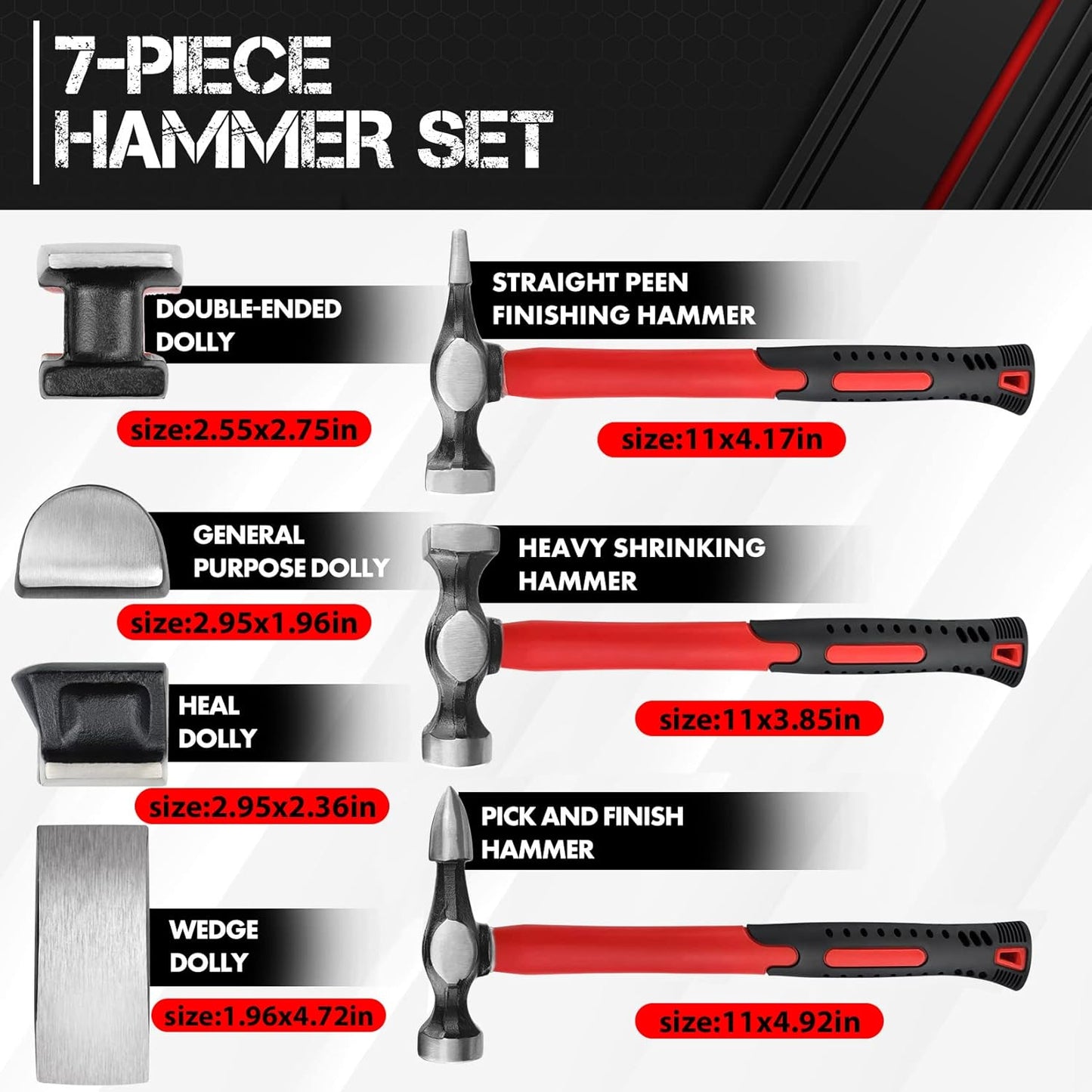C&T Auto Body Repair Tool Hammer Dolly Set 7 Piece, Car Body Repair Tool Kit with Carrying Case, Carbon Steel Dolly and Hammer Dent Body Fender Tool Set