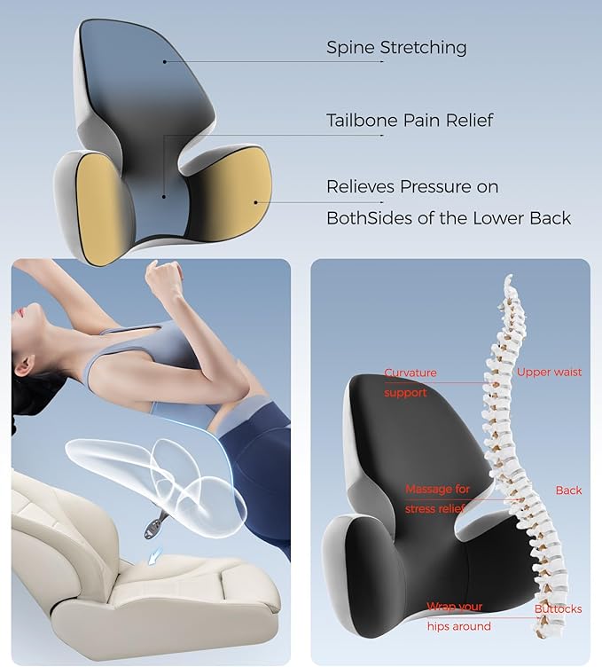 BEBAS Lumbar Support Pillow for Office Chair - Ergonomic Memory Foam Back Cushion for Lower Back Pain Relief - Washable & Breathable Cover - Fits Car Seats, Gaming Chairs & Wheelchairs - Black Gray