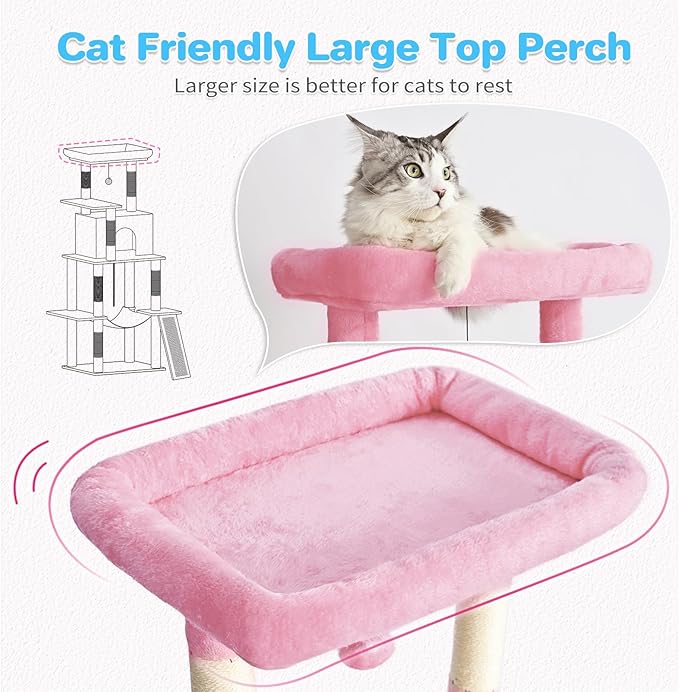 Cat Tree Tower 63in Multi-Level Cat Tower for Indoor Cats with Sisal Scratching Posts, Condo, Hammock, Dangling Ball and Extended Platform for Cats to Play, Pink