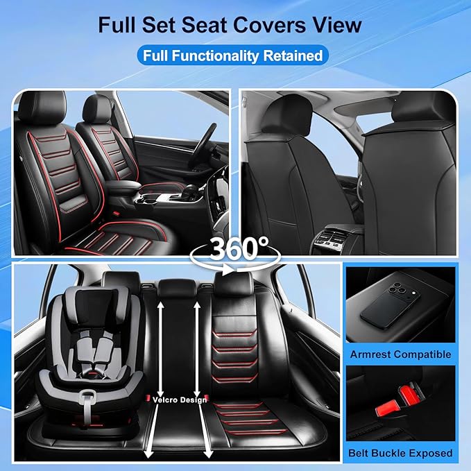 Fit CX-50 Car Seat Covers for Select Mazda CX50 2023-2026 - Premium Full Coverage Leather, Airbag Compatible, Luxury Waterproof All Weather Breathable Seat Protector, Full Set, Red Trim