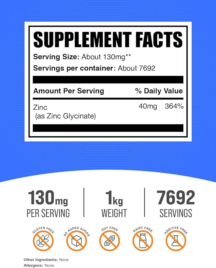 BulkSupplements.com Zinc Glycinate Powder - Zinc Supplement, Zinc 40mg, Zinc Glycinate Supplement for Immune Support - Gluten Free, 130mg per Serving, 1kg (2.2 lbs) (Pack of 1)