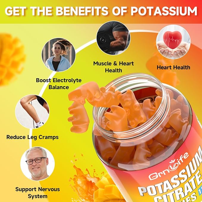 Potassium Citrate Gummies, High Potassium Supplement Gummies 1200mg Support Leg Cramps & Muscle Health, Potassium Gummies for Adults & Kids, Vegan, Mango Flavor 120 Count