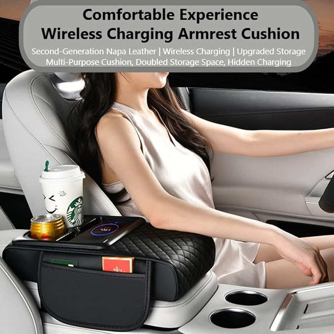 Car Armrest Pad with Built-in Induction Charging, Leather Center Console Cushion with 15W Power Pad, Dual Cup Holders, Storage Pockets - Black-Redline
