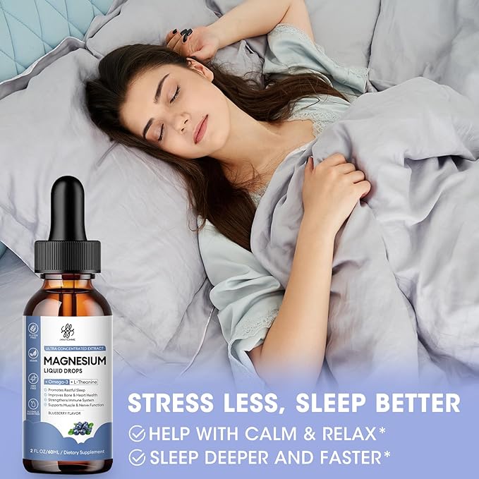 Magnesium Glycinate Liquid, Magnesium Complex Supplement with Omega3, L-Theanine and Vitamin for Calm, Sleep Support, Muscle Relief, Non GMO, Blueberry Flavor, 2 Fl Oz
