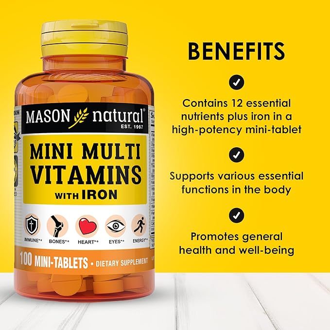 MASON NATURAL Daily Mini Multi Vitamins with Iron, Vitamins A, C, D, E, B1, B2, B3, B6, B12, Folate & Calcium, 100 Day Supply