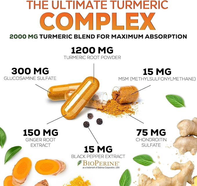 Turmeric Curcumin Supplement 2000mg with Glucosamine Chondroitin & Ginger, 95% Curcuminoids, BioPerine Black Pepper for Best Absorption, Nature's Joint Support, Non-GMO, Bottled in USA - 60 Capsules