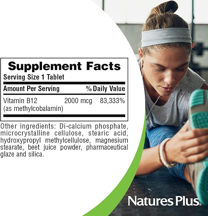 Natures Plus Vitamin B12 (Methylcobalamin), Sustained Release - 2000 mcg, 60 Vegetarian Tablets - High Potency Red Blood Cell Support - Natural Energy Booster - Gluten-Free - 60 Servings