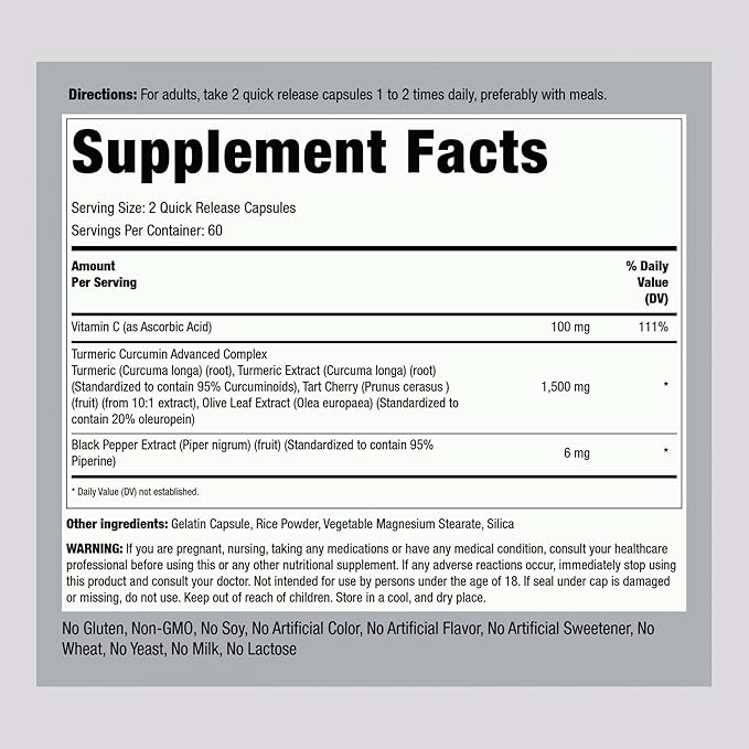 Piping Rock Turmeric Curcumin Complex 1500mg | 120 Capsules | with Black Pepper Extract and Tart Cherry | Advanced Formula Supplement | Non-GMO, Gluten Free
