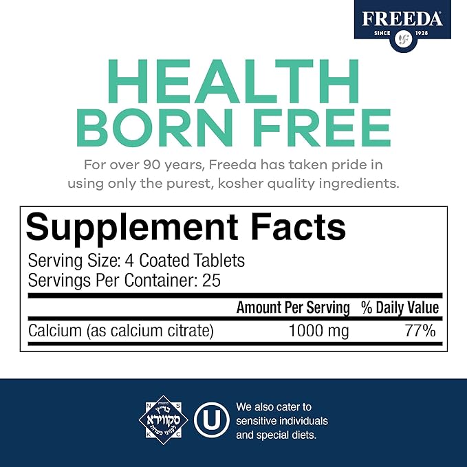 Freeda Calcium Citrate – Kosher Vegan Bone Strength Supplement – Supports Bone Density & Muscle Function – Calcium 1000mg per Serving – No Added Vitamin D – (250 Tablets)