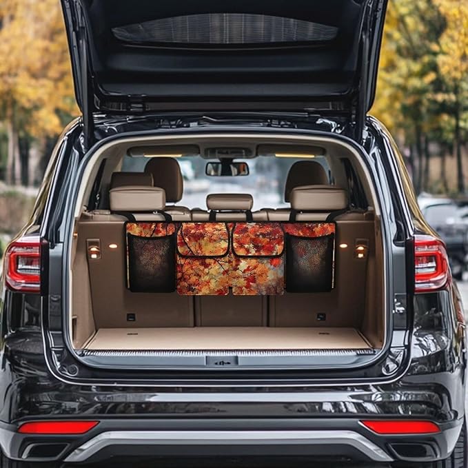 Thanksgiving Leaves Fall Car Trunk Organizer Capacity Car Organizer SUV, Equipped with Robust Elastic Net, Hanging Car Storage Organizer Space Saving Expert