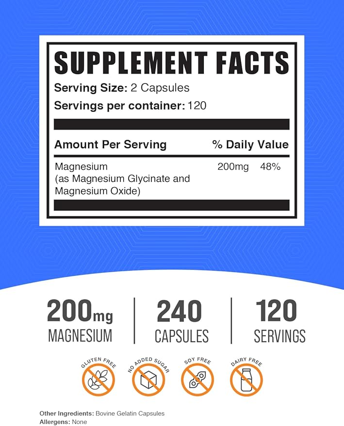 BulkSupplements.com Magnesium Glycinate Capsules - Magnesium Supplement, Magnesium Glycinate 200mg - Gluten Free, 2 Capsules per Serving, 240 Count (Pack of 1)