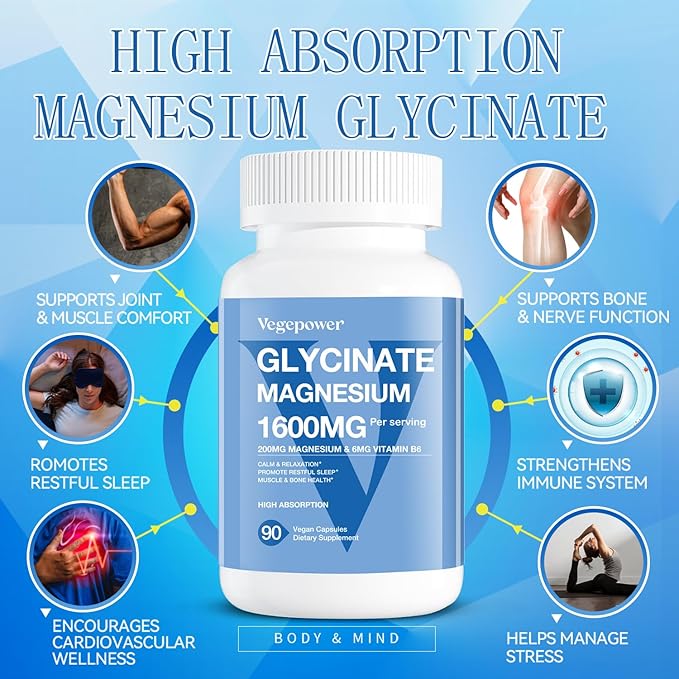 Magnesium Glycinate 1600mg Supplements - with Vitamin B6 & Zinc, Vitamin D3, Chelated Magnesium for Sleep, Muscle, Bone and Immune Health, High Absorption Magnesio, Non-GMO, Vegan 90 Capsules