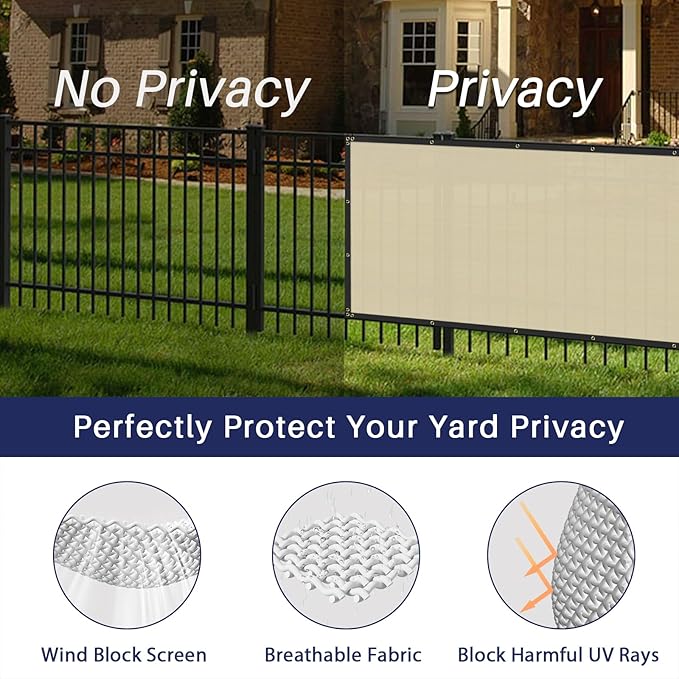 Windscreen4less Privacy Fence Screen Heavy Duty Windscreen Fencing Mesh Fabric Shade Net Cover with Brass Grommtes for Outdoor Wall Garden Yard Pool Deck, 8'x62' Beige