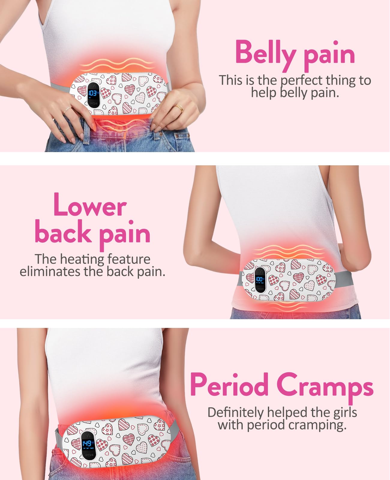 Portable Heating Pad for Period Cramps: Cordless Menstrual Heating Pad with 6 Heat Levels and 6 Massage Modes, 3s Fast Heating Gift for Women and Girl(Pink)