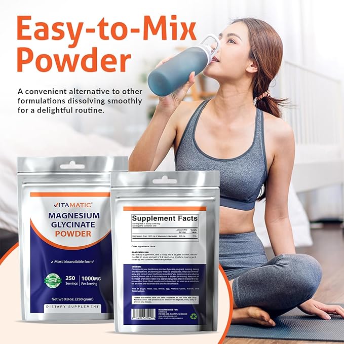 Vitamatic Magnesium Glycinate 1000mg per Serving Supports Muscle, Joint, and Heart Health 250 Grams - 250 Servings